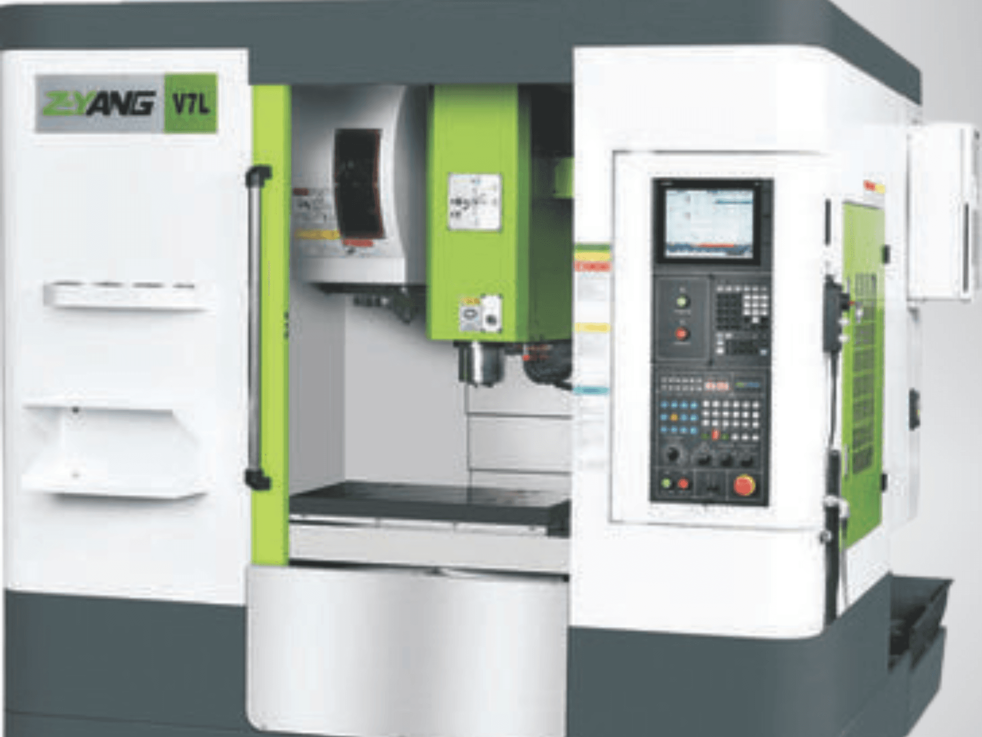 Centro di lavoro verticale Z-YANG V7L, vista frontale che mostra il pannello di controllo, l'area di lavoro e il caratteristico design verde e bianco.