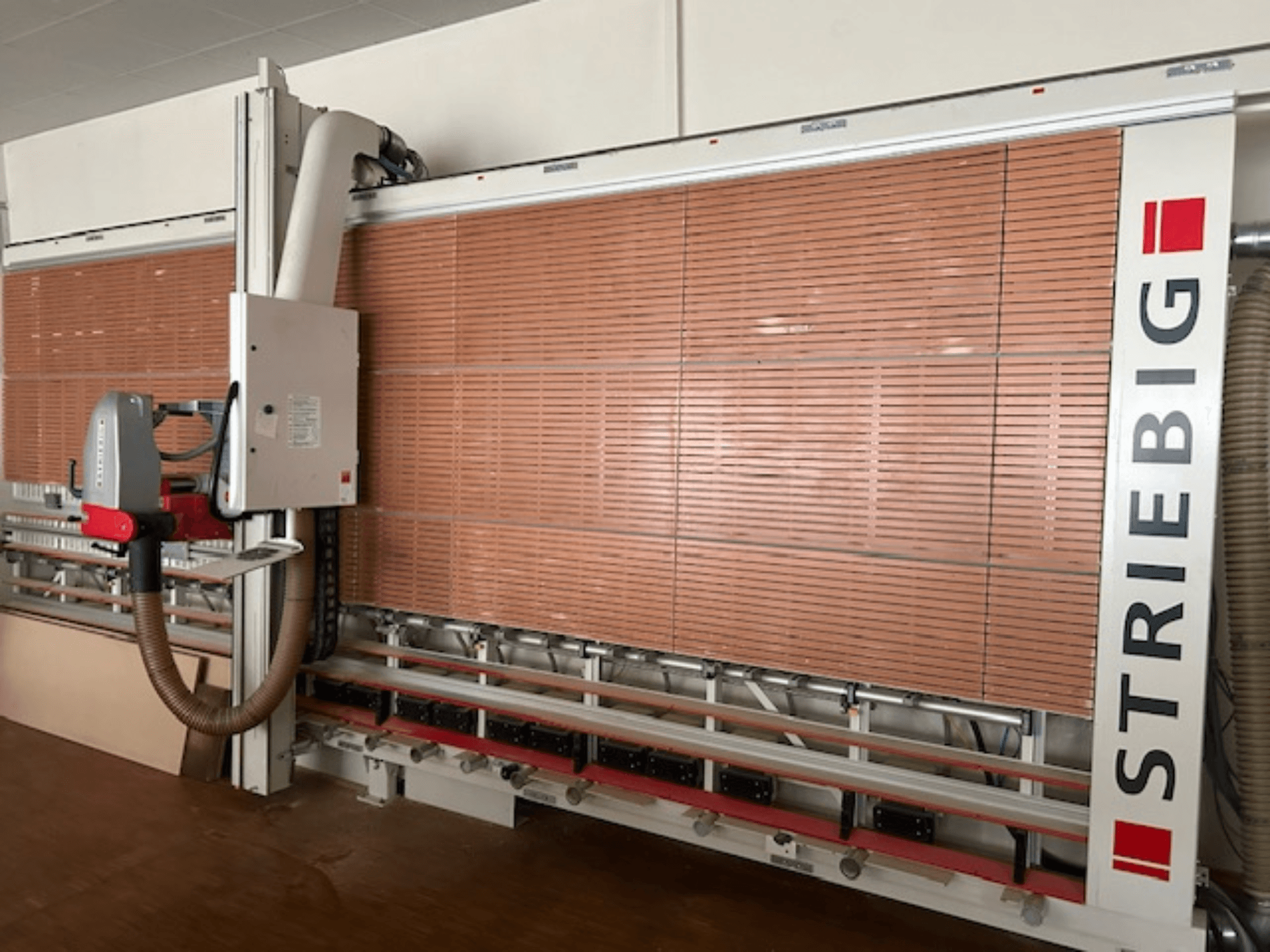 Sezionatrice verticale Striebig in vista laterale, con testa motorizzata, lame per il taglio dei pannelli di legno e sistema di aspirazione della polvere.