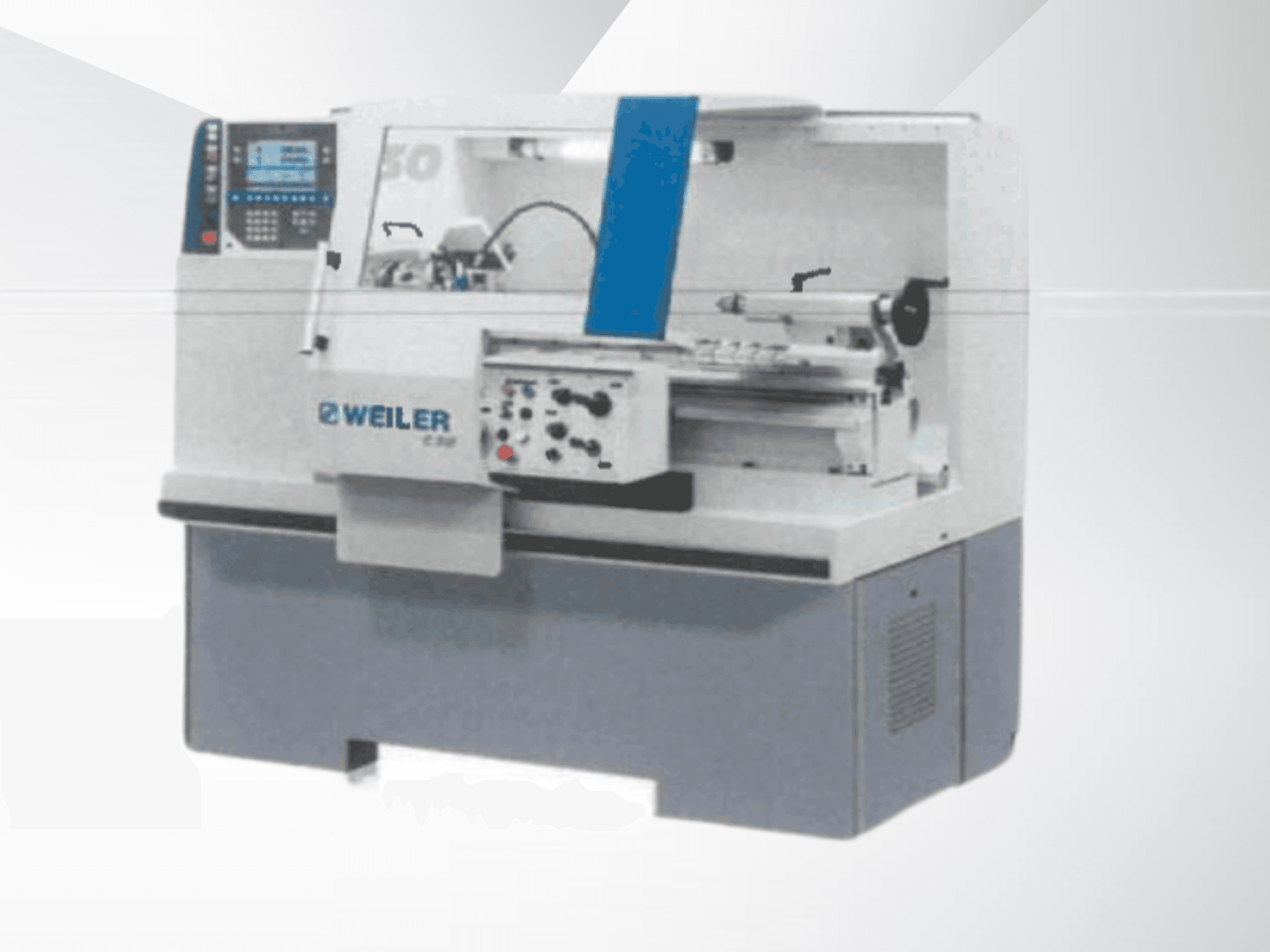 Tornio orizzontale Weiler C30X 750 visto frontalmente, con pannello di controllo e componenti operativi in vista.