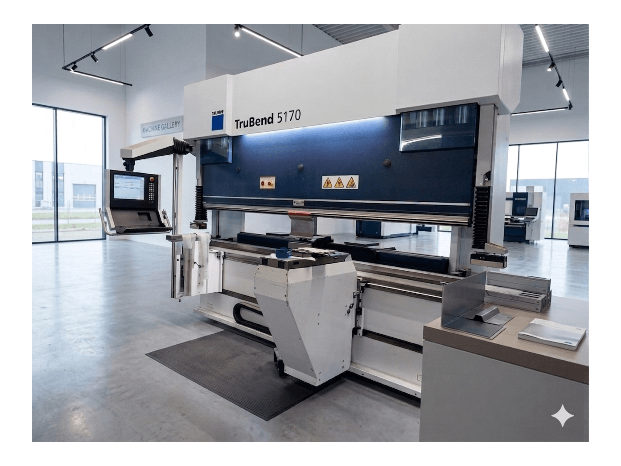Pressa piegatrice TruBend 5170 di TRUMPF, vista frontale con pannello di controllo e tavola di piegatura, che mostra il design moderno della macchina.