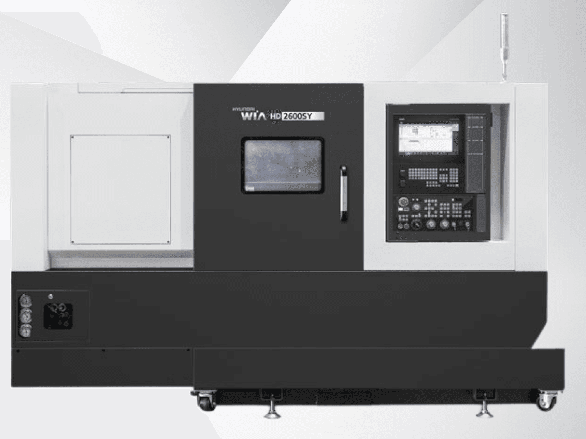 Tornio CNC Hyundai WIA HD 2600SY, vista frontale; include il pannello di controllo digitale e l'area di stoccaggio degli utensili, con le caratteristiche tecniche.