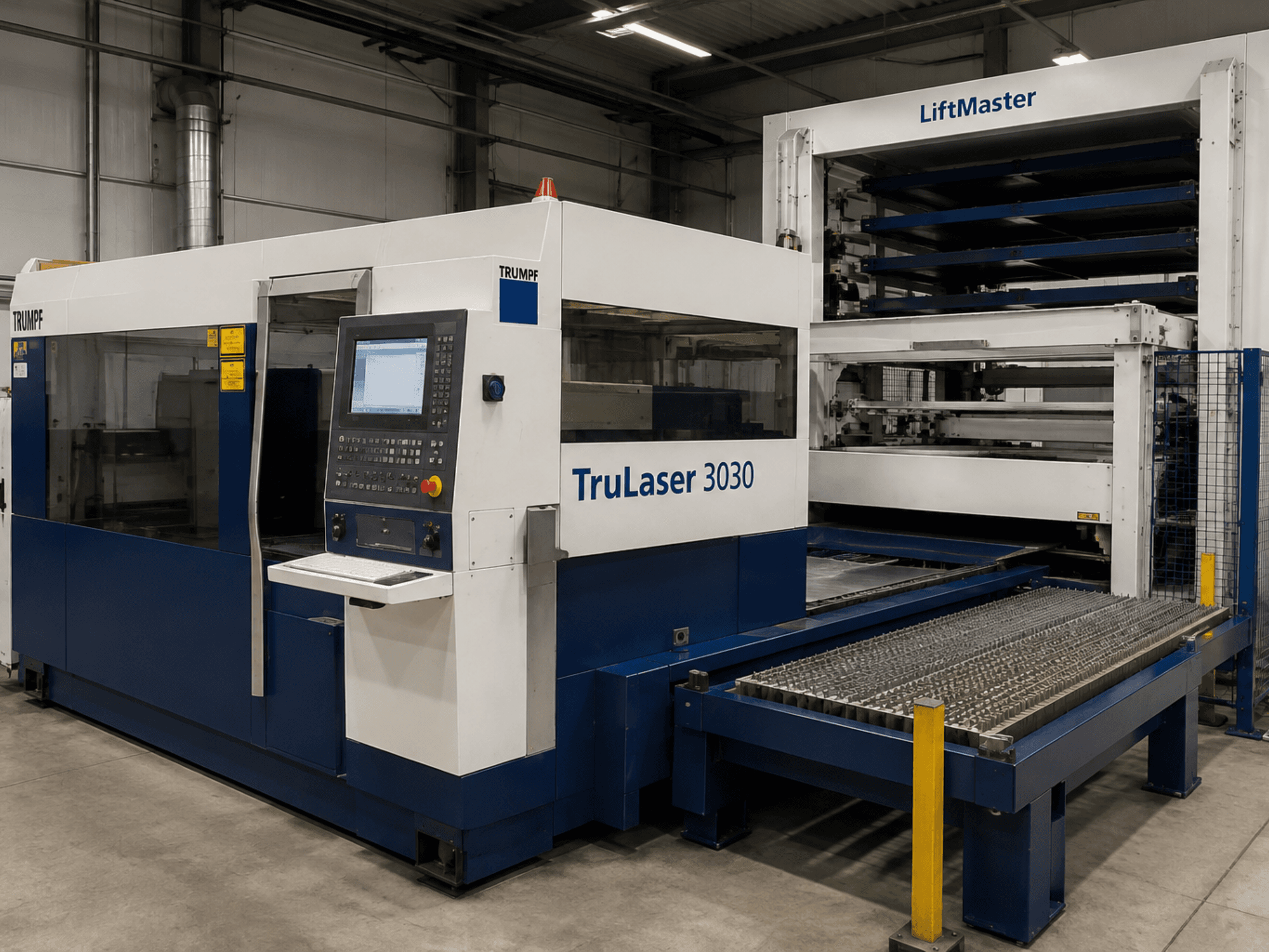 Vista frontale della macchina da taglio laser a CO₂ TRUMPF TruLaser 3030 con LiftMaster, dotata di pannello di comando e tavolo per lamiere.