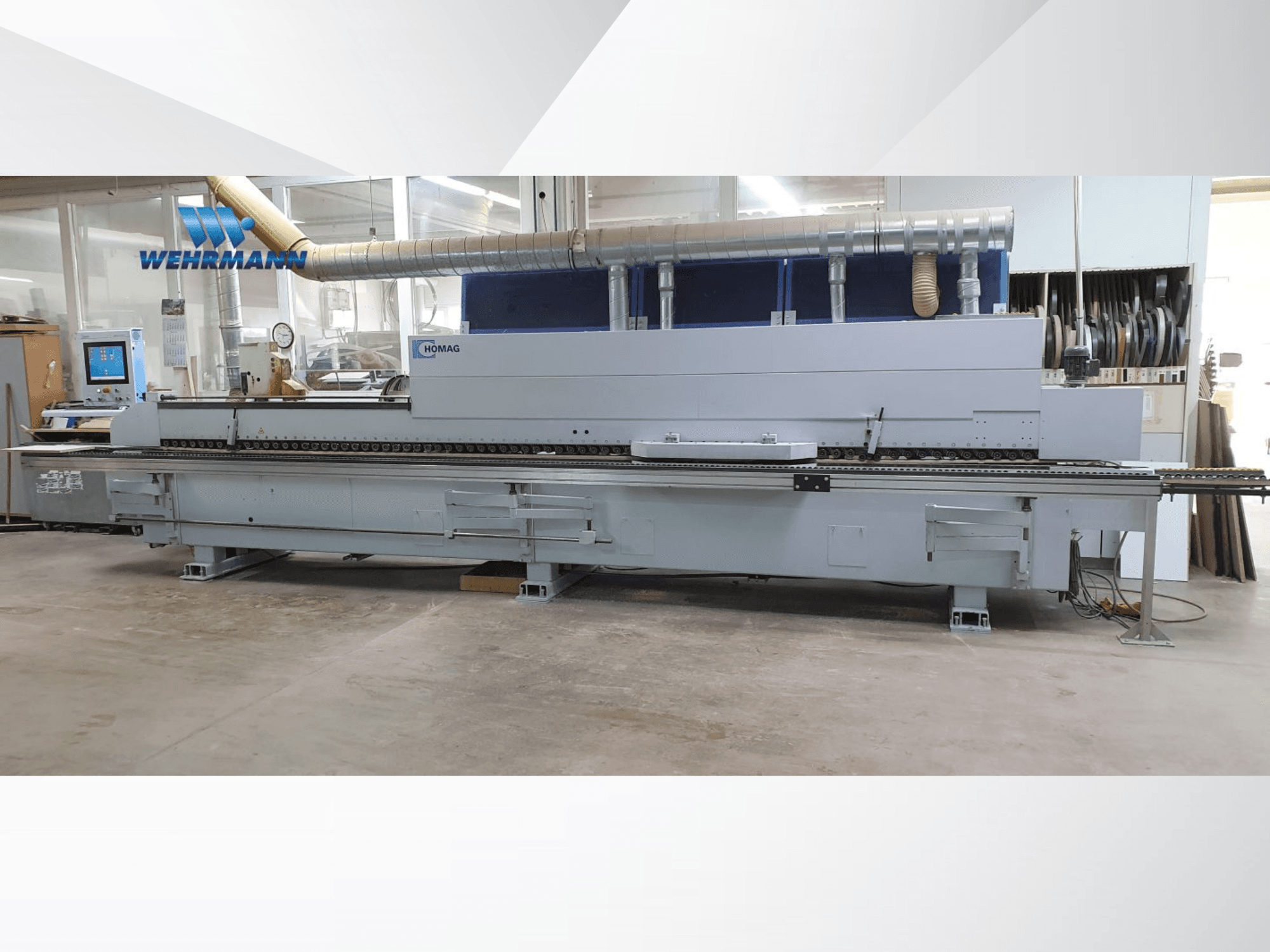 Bordatrice HOMAG Optimat KAL210/6/A20/S2 vista laterale, con pannello di controllo e sistema di trasporto. Ideale per la lavorazione del legno.