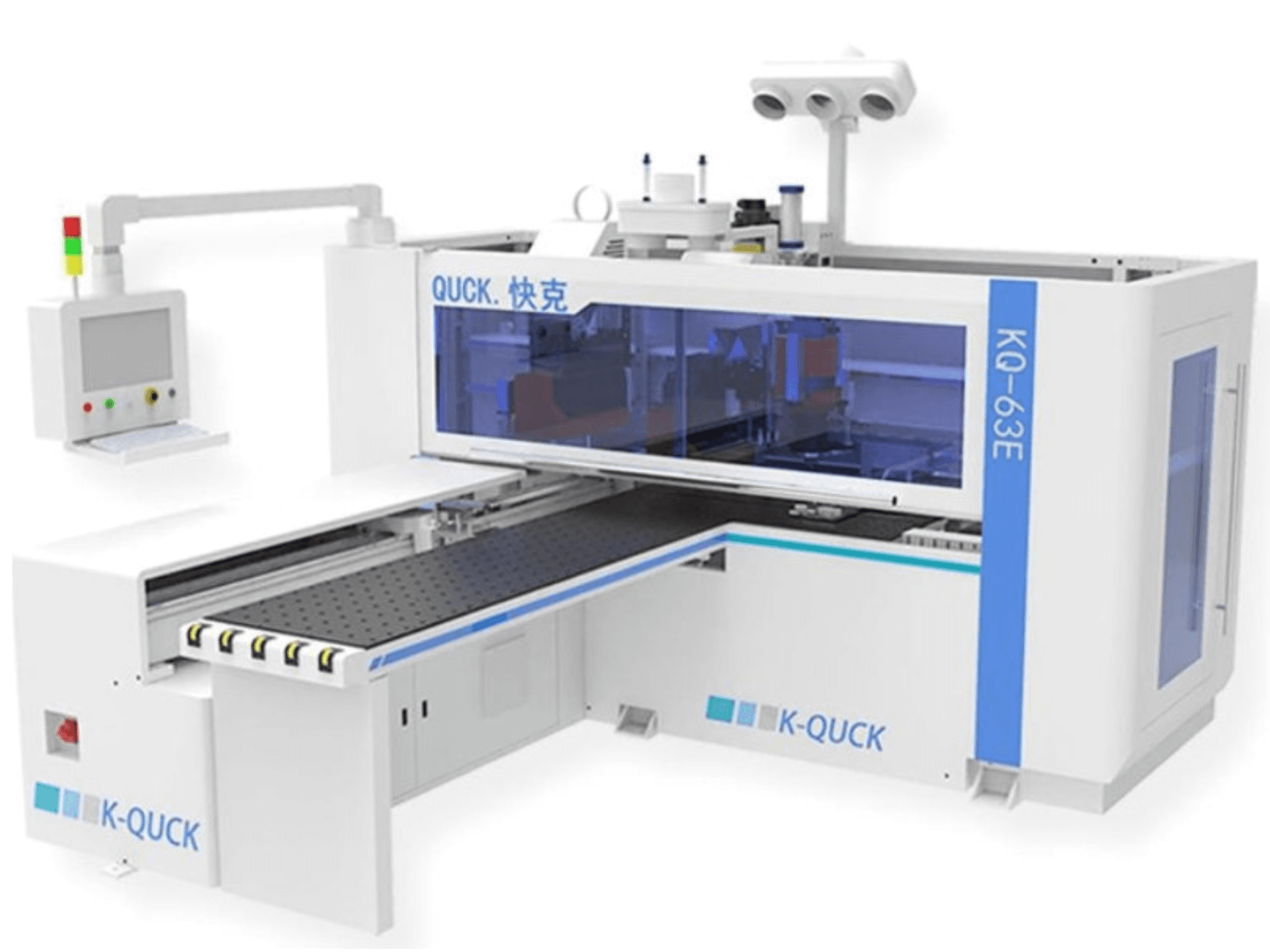 La macchina K-QUICK KQ-63E, vista frontale, presenta un pannello di controllo, un alloggiamento trasparente e un trasportatore piatto con rulli multipli.