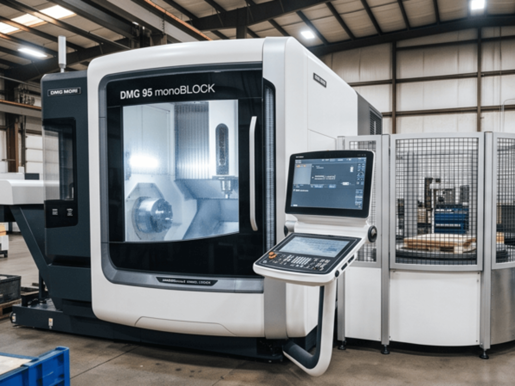 Centro di lavorazione verticale DMG MORI DMC 95 monoBLOCK, vista frontale, con pannello di comando e cabina di sicurezza.