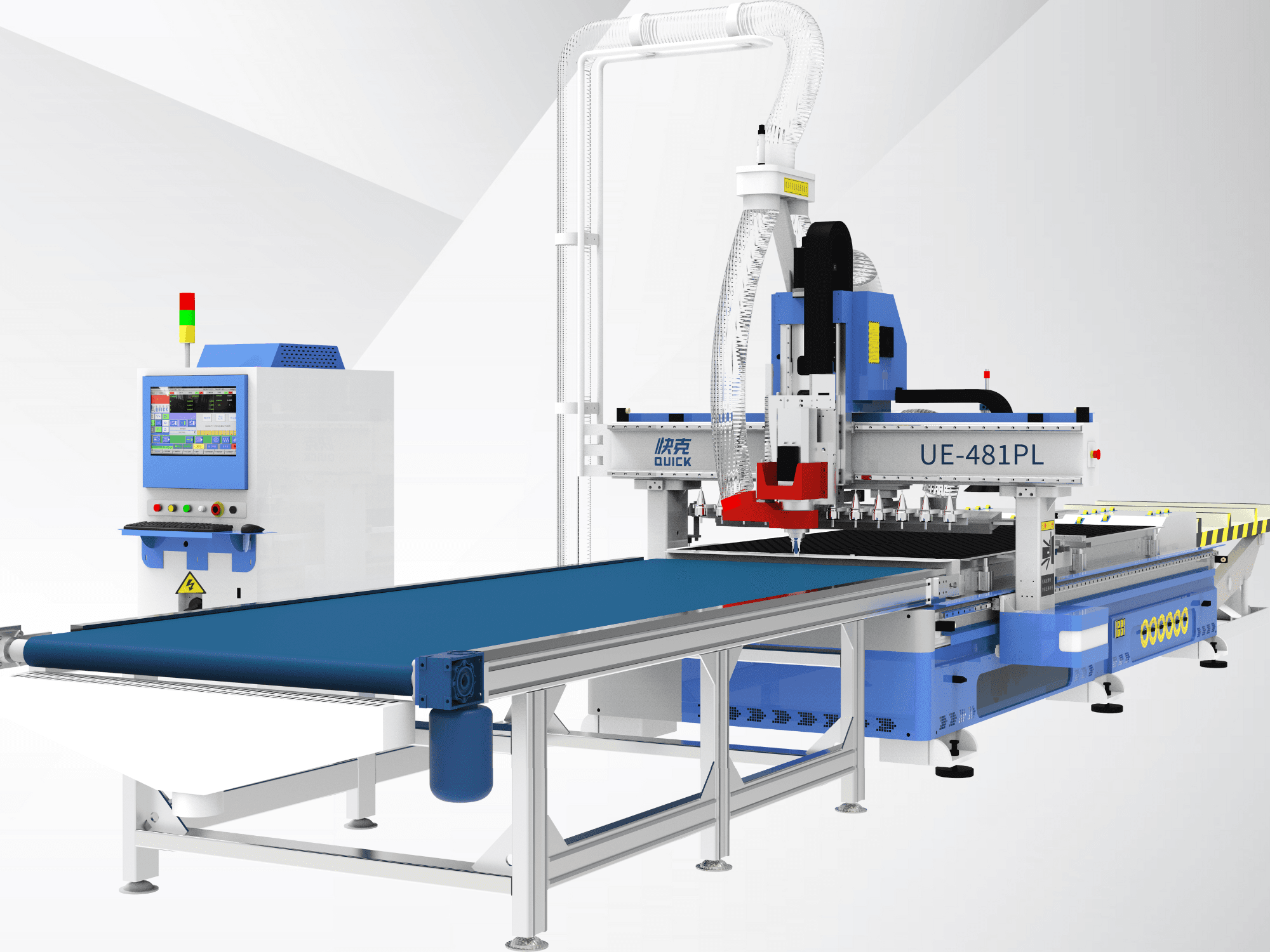 Macchina CNC Blue Quick UE-481PL con controllo touch screen, vista frontale, con nastro trasportatore e teste di taglio multiple.