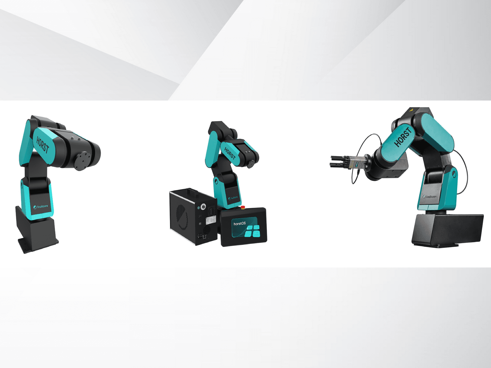 Tre viste del braccio robotico Horst di Fruitcore, che evidenziano il design nero e verde acqua, il pannello di controllo e l'attacco della pinza.