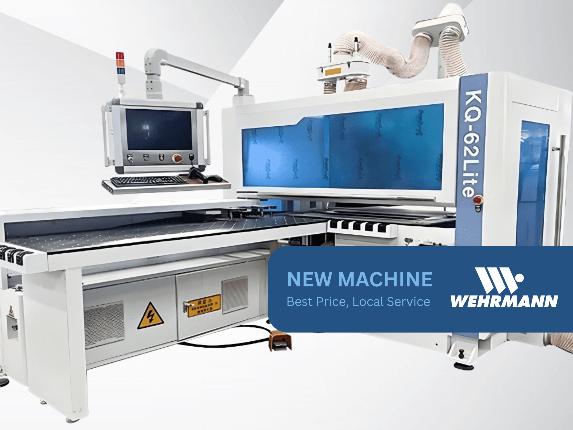 Macchina CNC Wehrmann KQ-62Lite, vista frontale, con display digitale, pannello di controllo e nastro trasportatore con segnali di sicurezza.