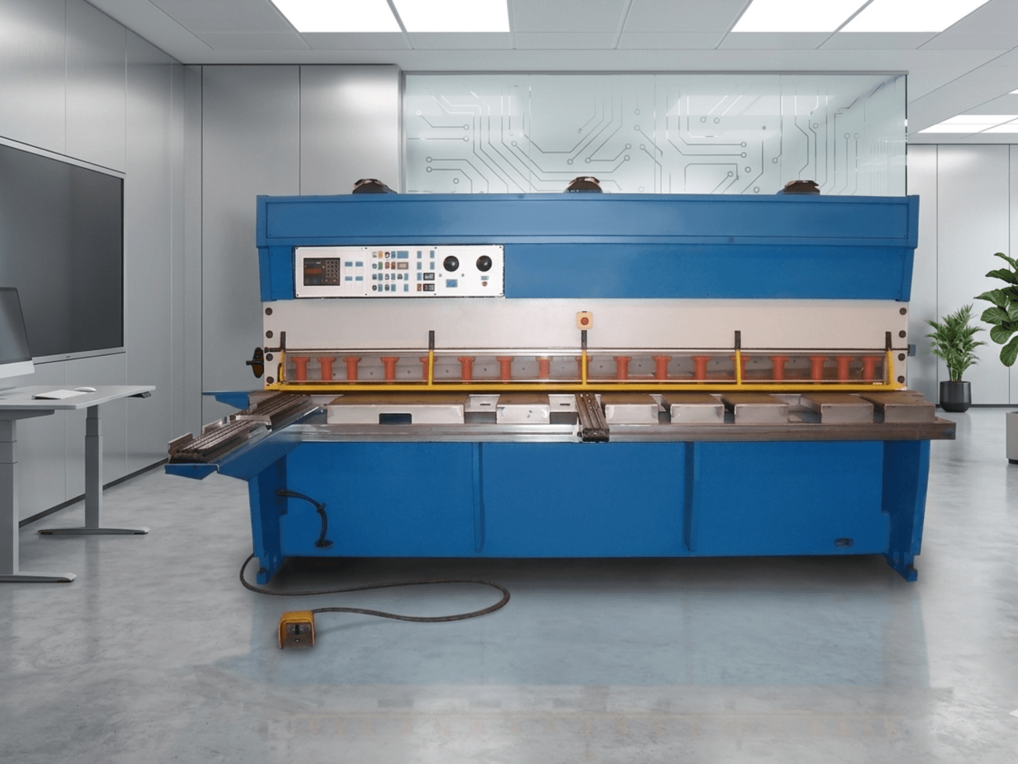 Cesoia idraulica GASPARINI CO 3006, vista frontale, con pannello di controllo e area di taglio dei metalli, in un moderno spazio di lavoro.