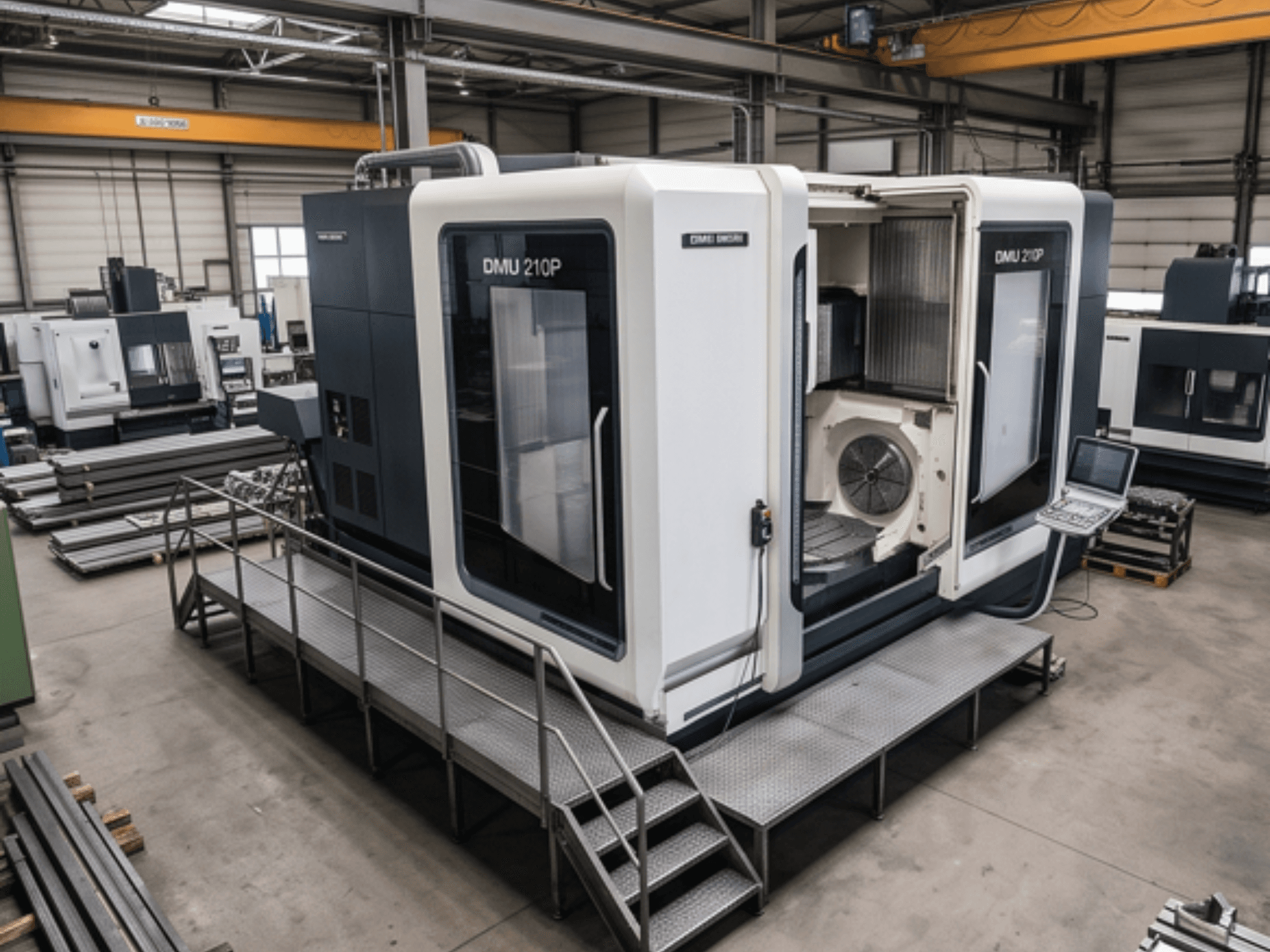Centro di lavorazione universale DMG MORI DMU 210P in un'officina, vista laterale che mostra il pannello di controllo e la piattaforma di accesso.
