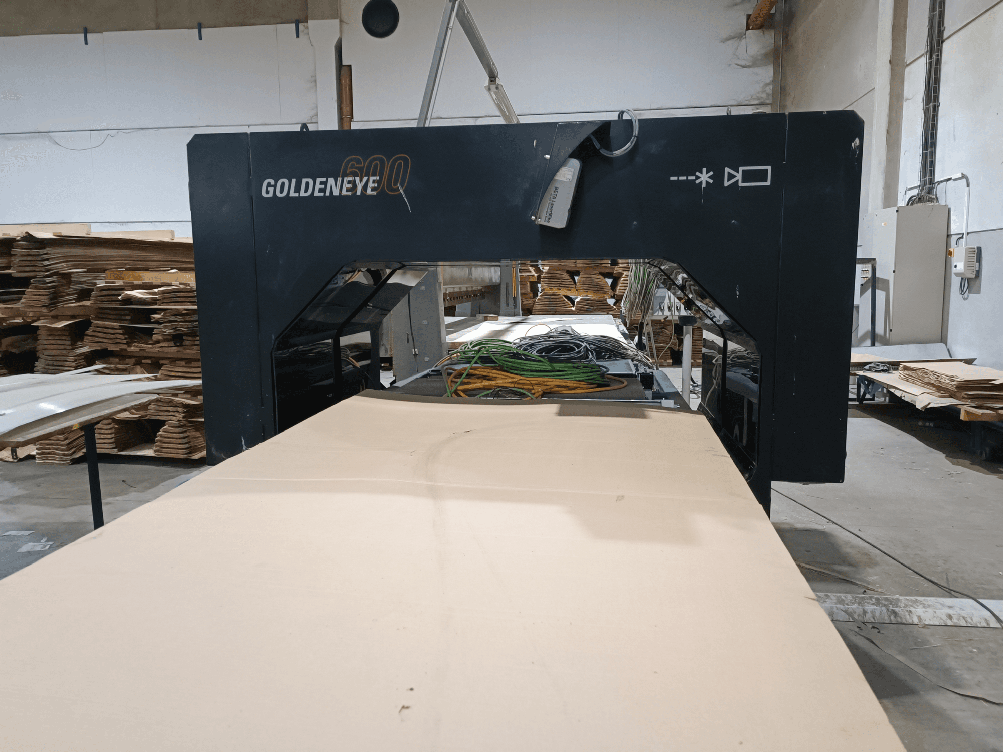 Macchina per la lavorazione del legno Microtec GOLDENEYE GLD 600 DSC vista frontale, con ampia superficie di taglio e attrezzatura in un'officina.